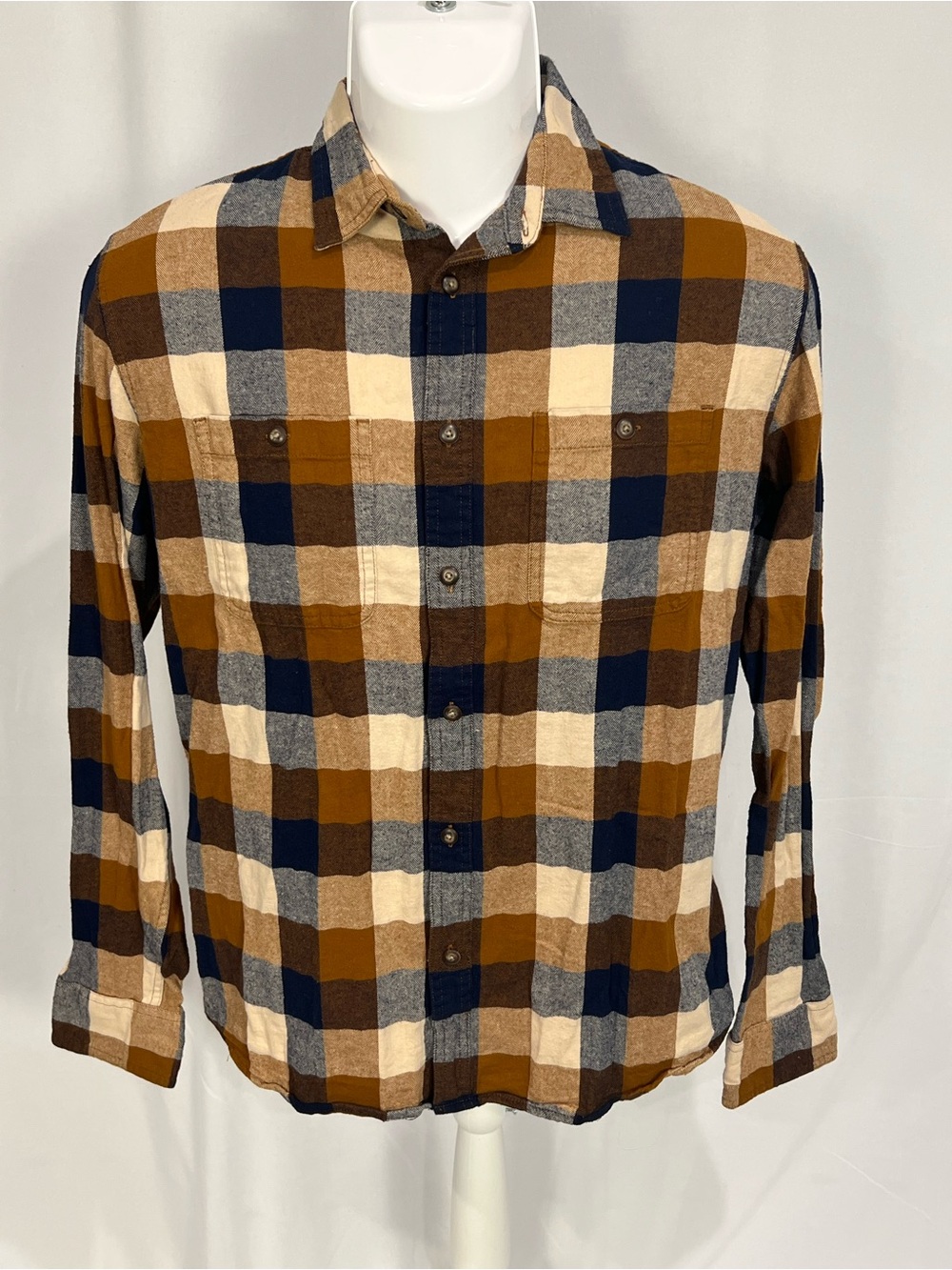 Sonoma Plaid Button-Down Shirt in Brown, Navy & Cream 100% Cotton